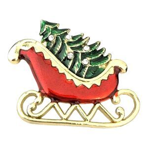 Vintage Christmas Pin Holiday Sleigh Christmas Tree Enamel Crystals 1A